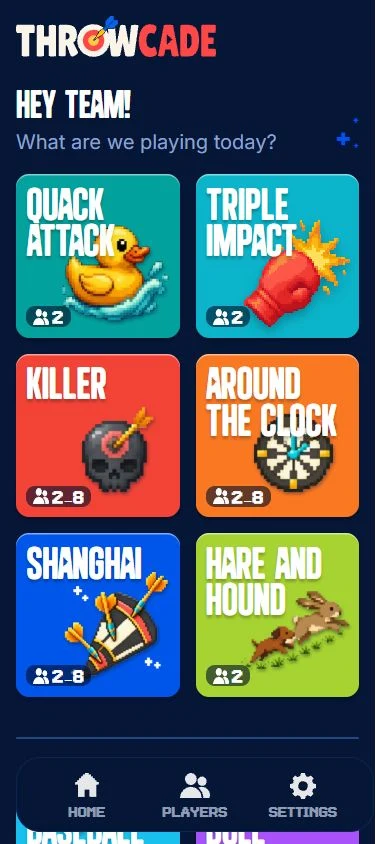 Current THROWCADE game picker featuring Quack Attack and Triple Impact