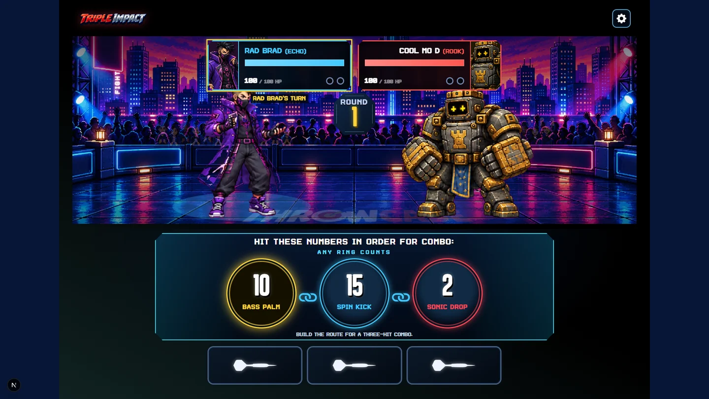 Triple Impact gameplay with two fighters facing each other in a colourful arcade arena.