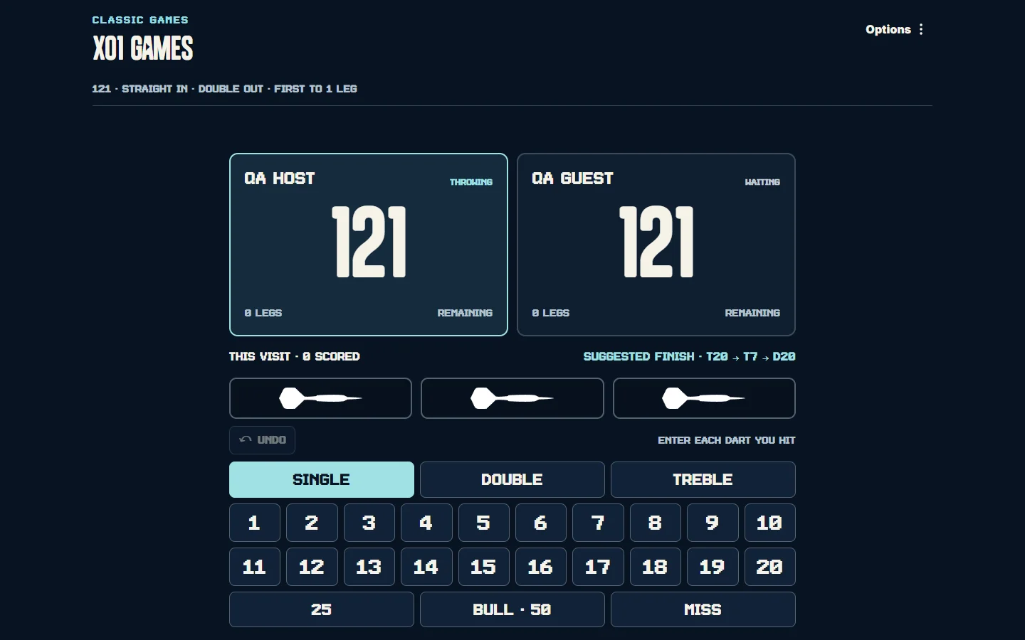 X01 countdown darts gameplay showing two test players, remaining scores and manual throw entry.